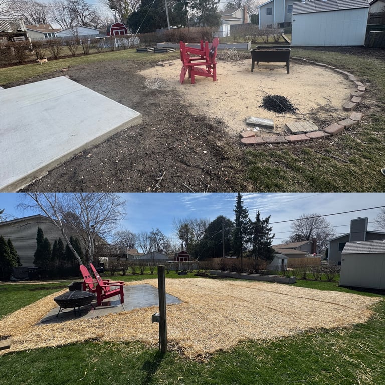 Before and after of backyard with new fire pit area, sand, and red Adirondack chair on residential property